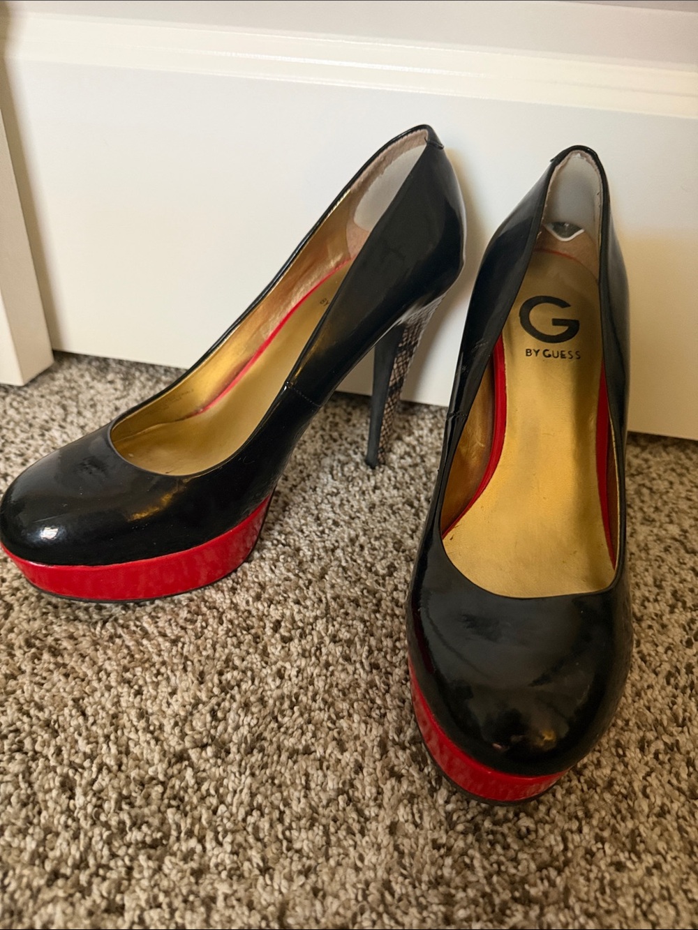 G by Guess Black Patent Platform Pumps with Red Platform